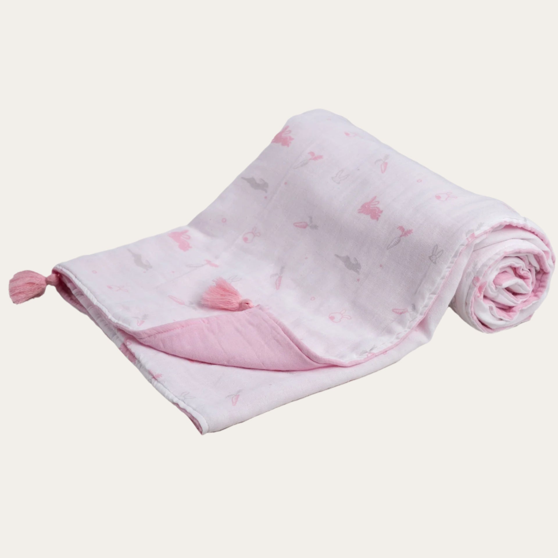 White/Pink Bunny Printed Muslin Wrap with Tassels 100% Cotton Baby Swaddle.