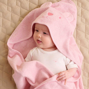 Pink organic hooded towel with bear face embroidery and 3D ears