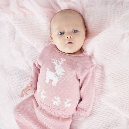 Pink Christmas Reindeer Knit Outfit Set Top & Trousers Christmas.
