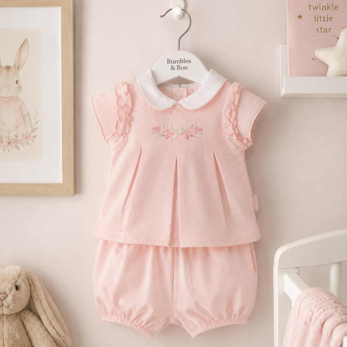 Pink romper suit set with floral embroidery and white collar