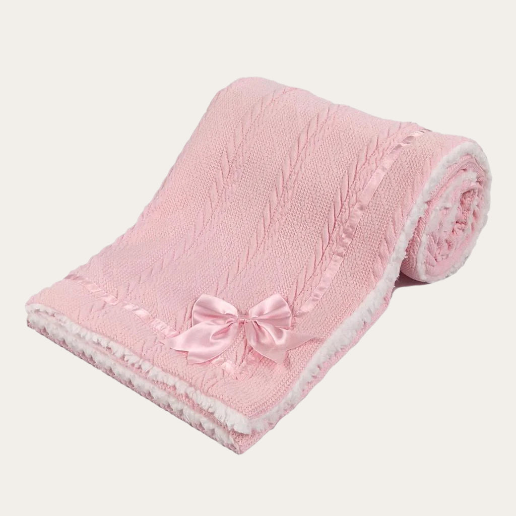 Baby Pink Sherpa Back Knit Baby Blanket with Satin Bow 75x90cm Baby Blanket.