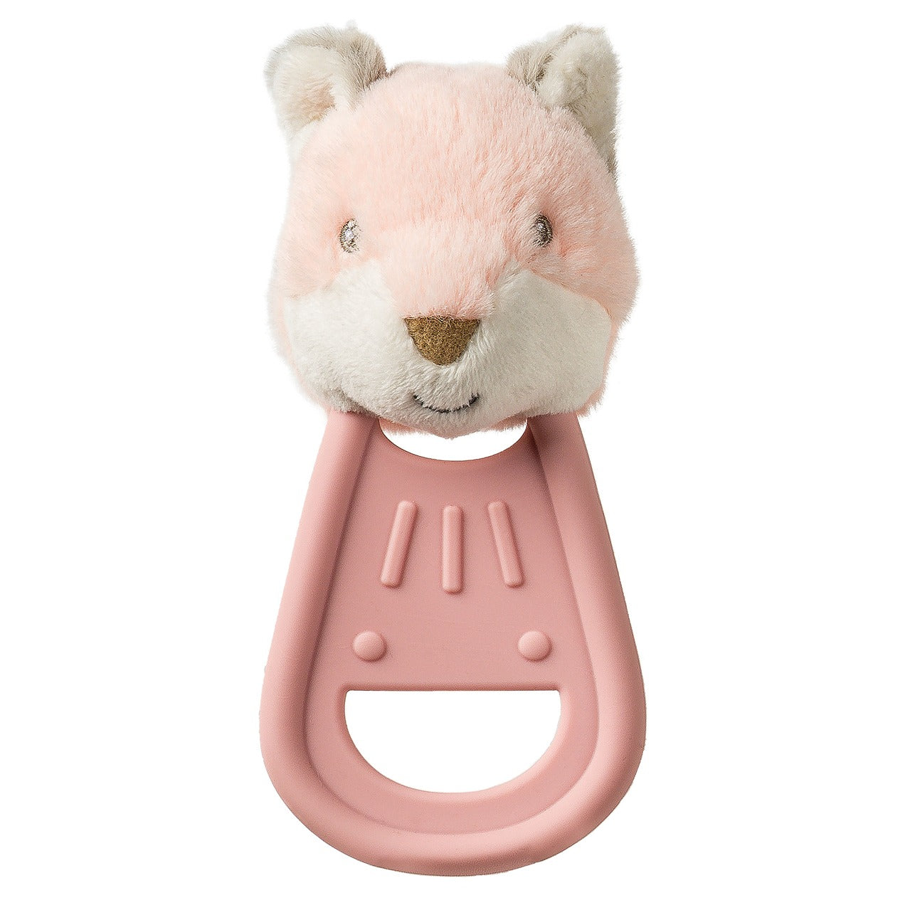 Pink silicone teether with an attached soft pink fox head.