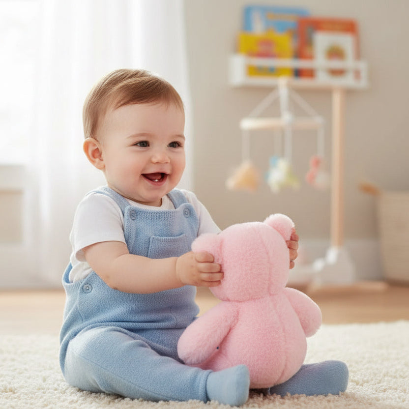 A pink teddy bear held by a baby