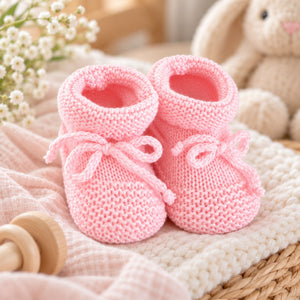 Pink baby knit booties with little ties