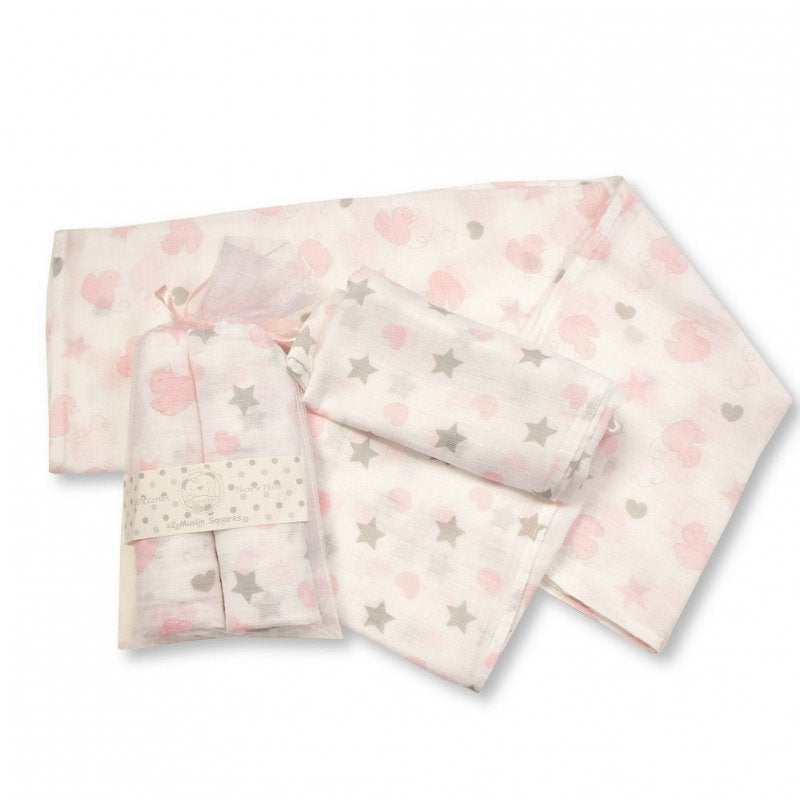 Set of 2 muslins white with pink and grey stars