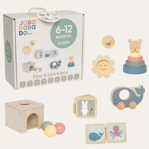 Wooden toy set with 5 toys for age 6-12 months.