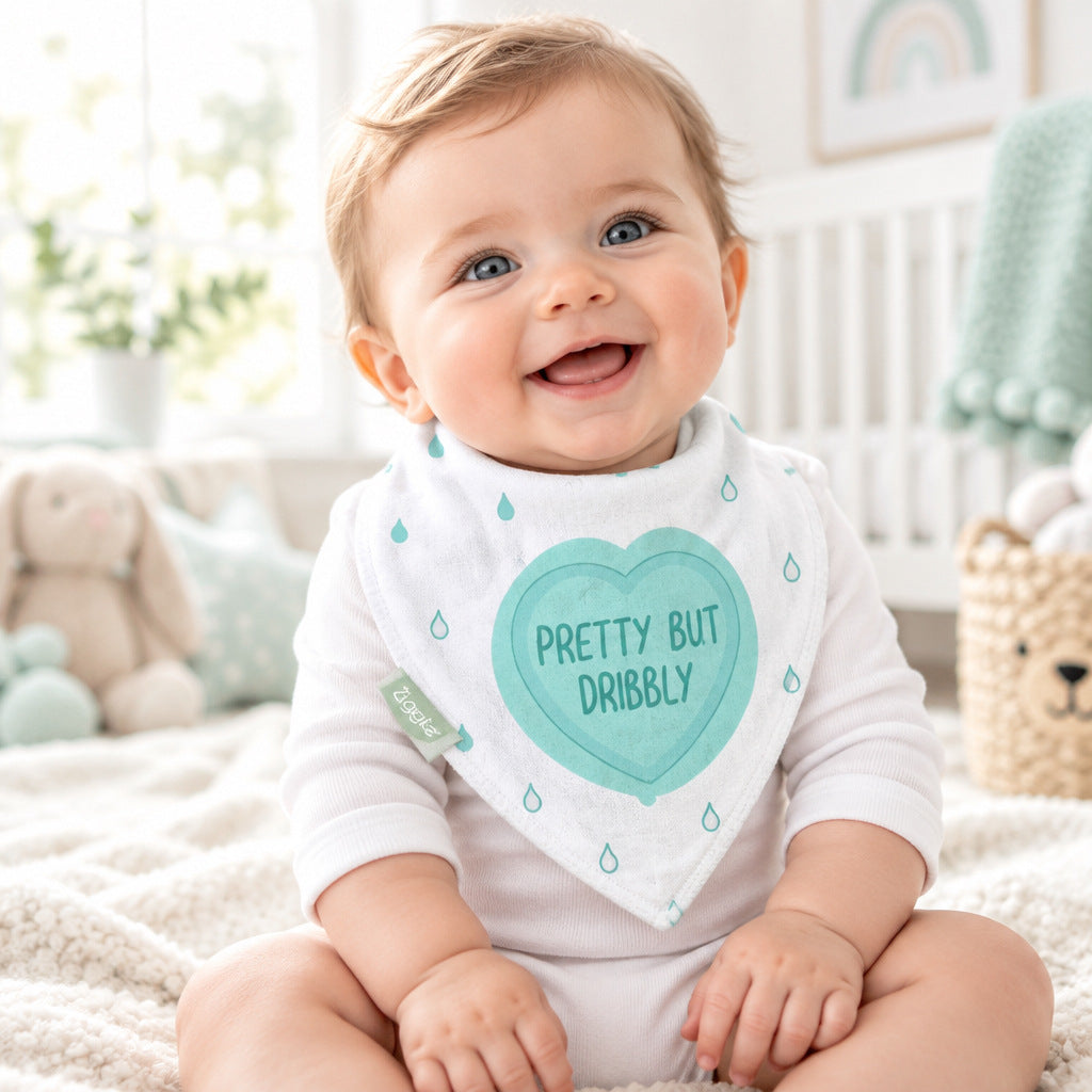 Pretty But Dribbly slogan baby bandana bib in white and mint