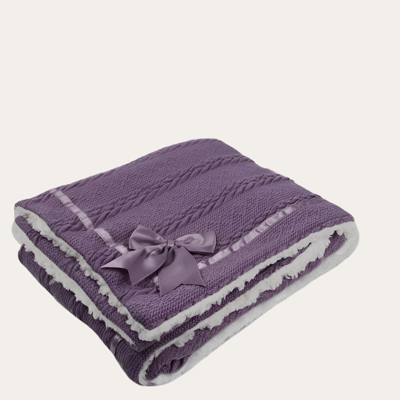 Purple Sherpa Back Knit Baby Blanket with Satin Bow 75x90cm Baby Blanket.