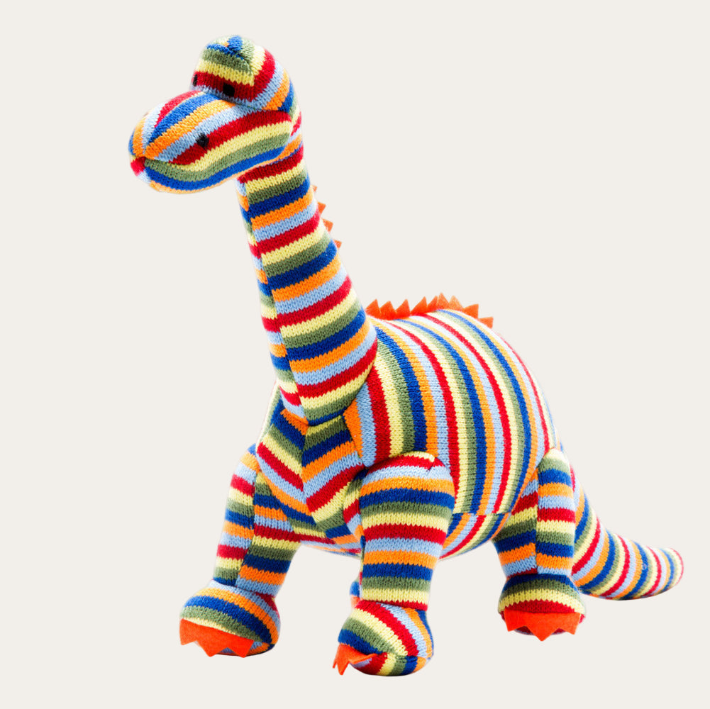Rainbow Stripe Diplodocus Toy – Knitted Dinosaur for Babies