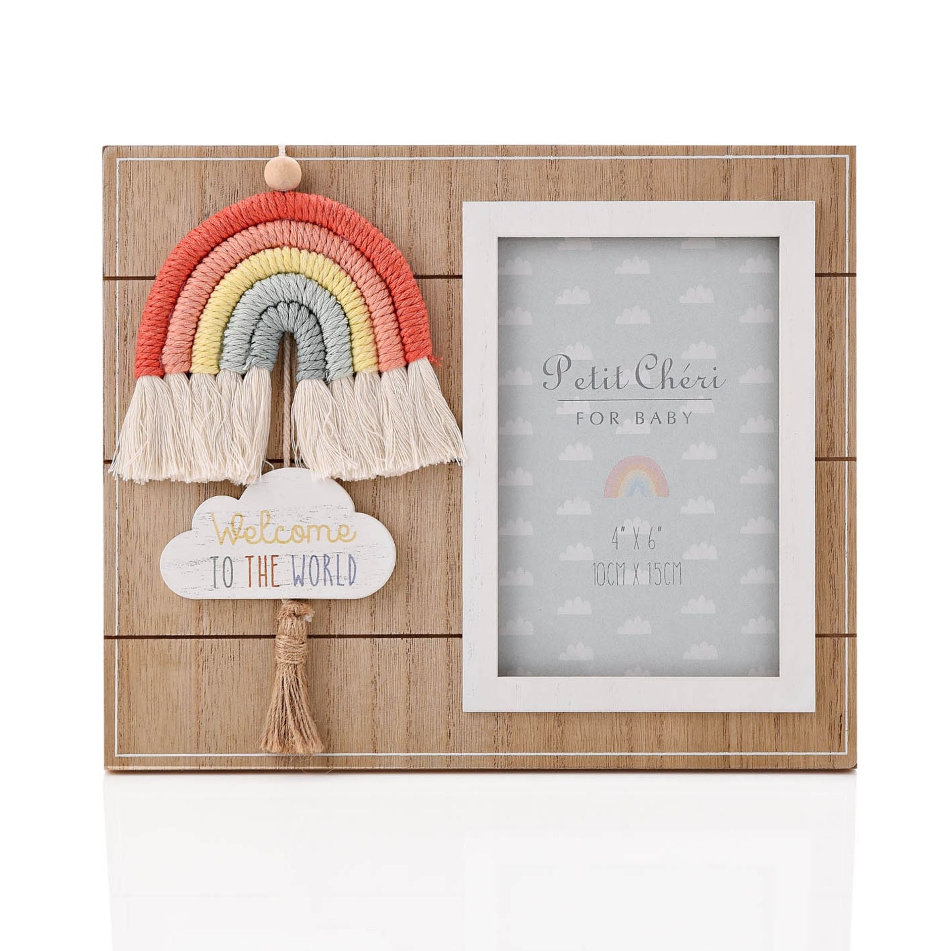 Picture frame with a colourful macrame rainbow with the wording &#39;Welcome To The World&#39;.  A perfect new baby gift