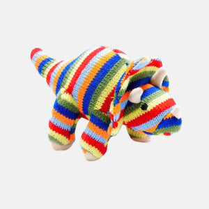 Colourful dinosaur baby rattle with red, orange, green and blue stripes in the shape of a Triceratops