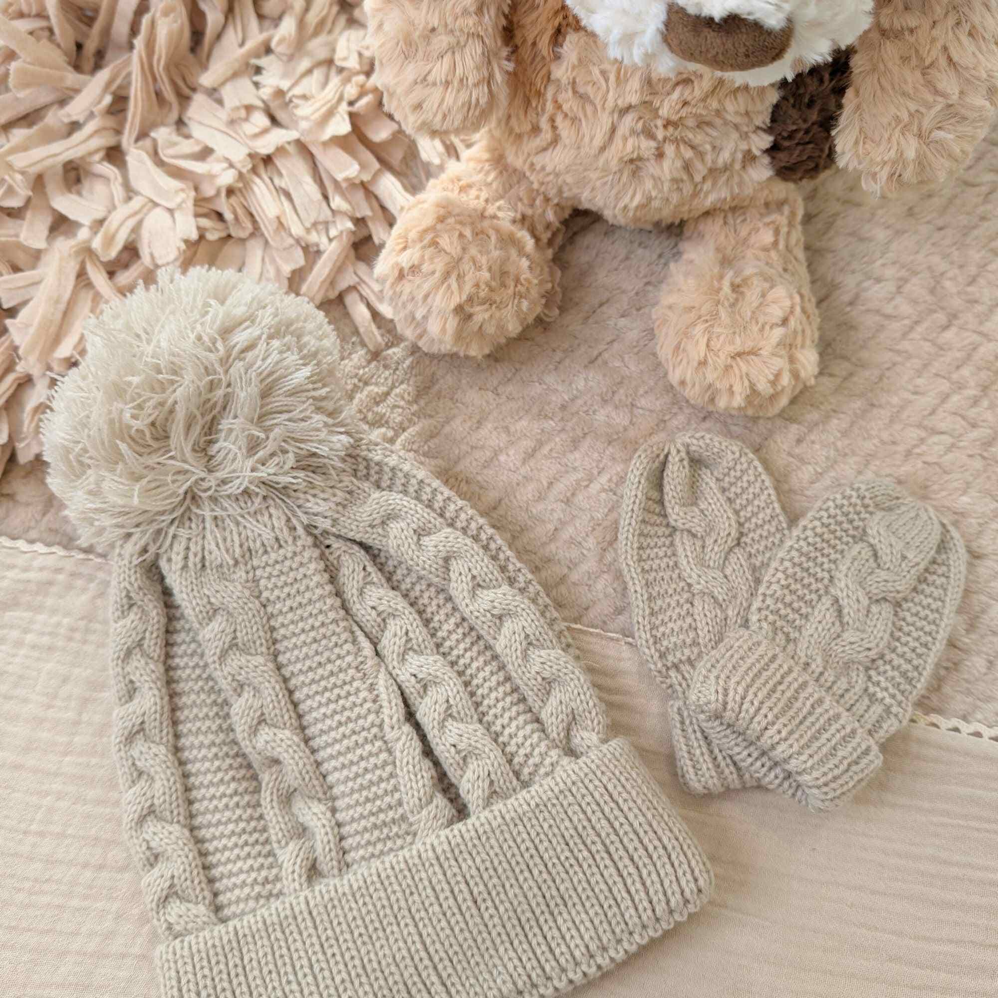 Baby Pompom Hat & Mittens Gift Set Recycled Biscuit Knit (0-12 Months) Baby Hat.