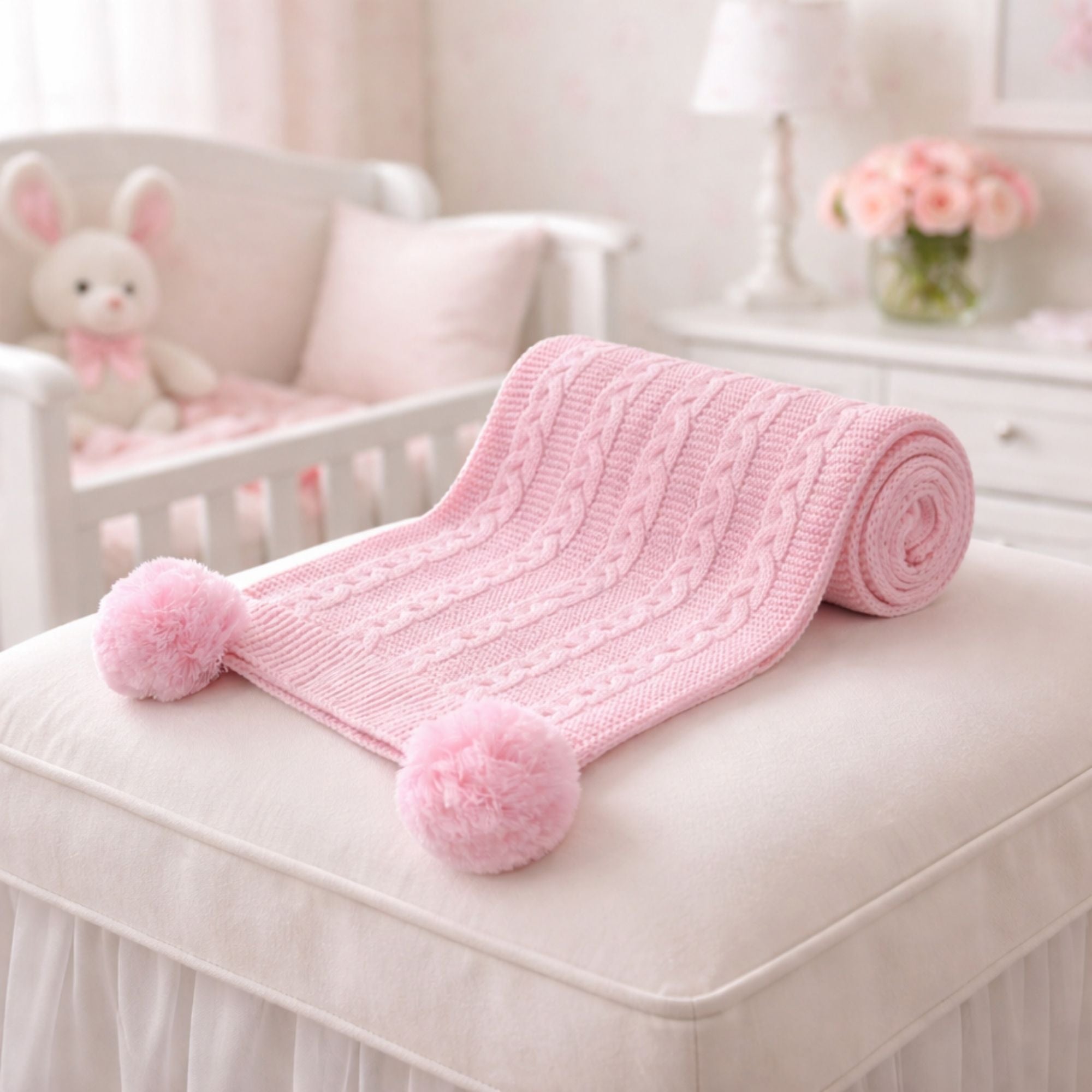 Pink knit baby blanket made from recycled materials and has pompoms