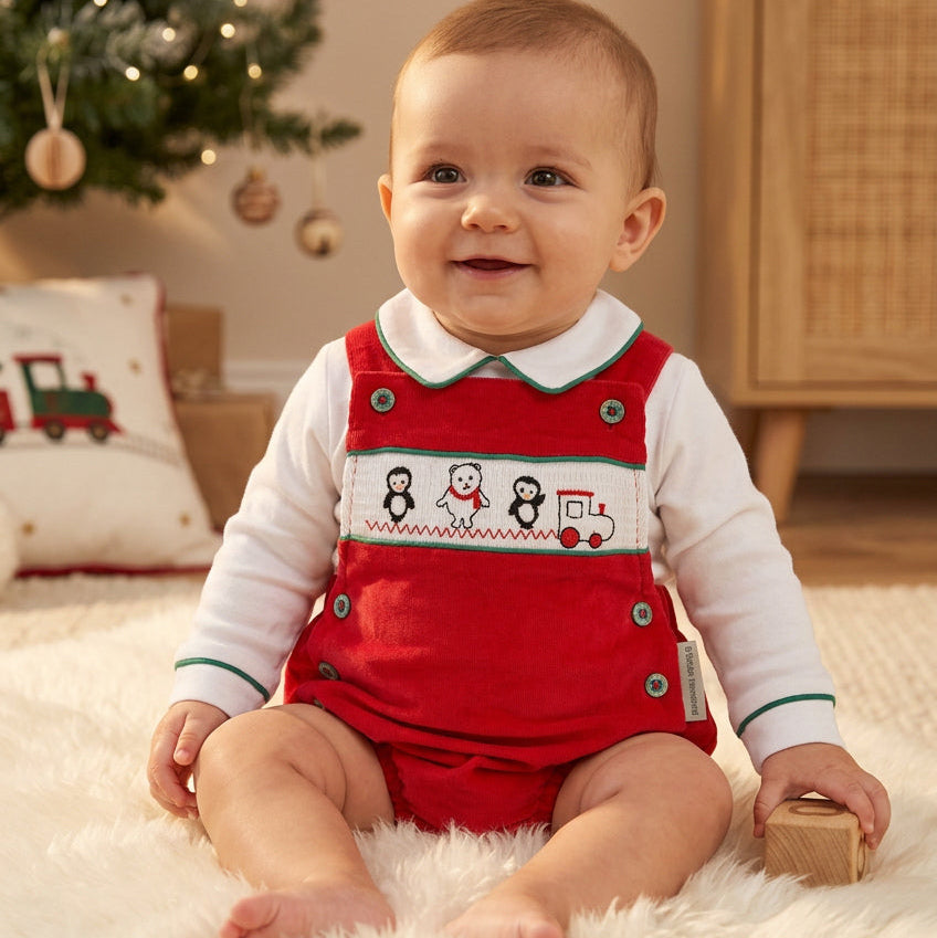 Front and back views of a red velour baby romper and white T-shirt with a close-up of the smocked animal panel.