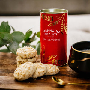 Red & Gold Coconut Biscuits Tube – luxury festive biscuit treat