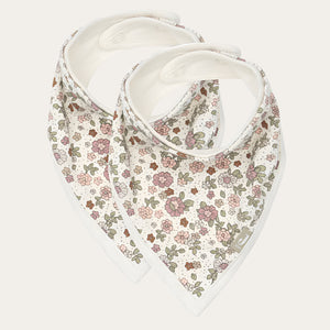 Two pack of bandana jersey baby bibs in pink and cream flower bloom print. Jollein.