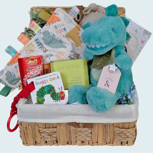 New baby boy gifts hamper basket full of presents including plush dragon toy and dinosaur taggie. Bumbles and Boo.