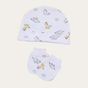 White baby outfit set with giraffe and elephant print