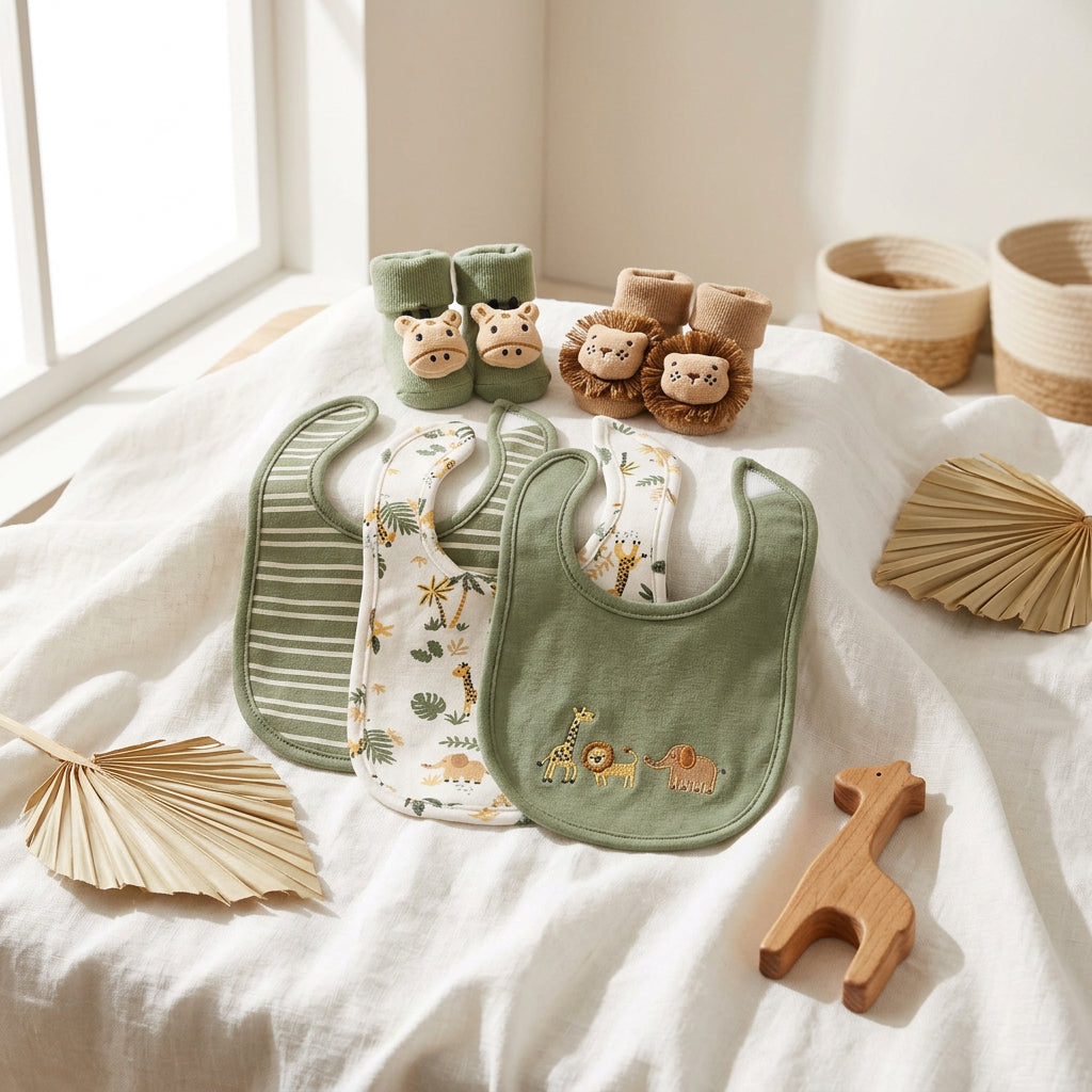 Three green and cream safari baby bibs with giraffe and lion socks, arranged on a cream blanket.