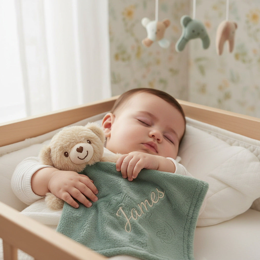 Sage Green Bear Comforter Soother – Embossed Flannel, 36 x 36 cm