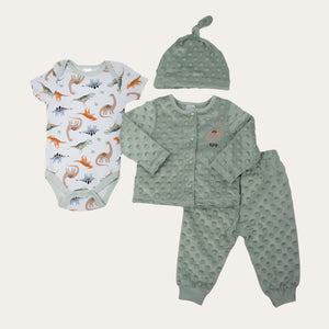 Green baby boy clothes set with dinosaur print on the body suit.