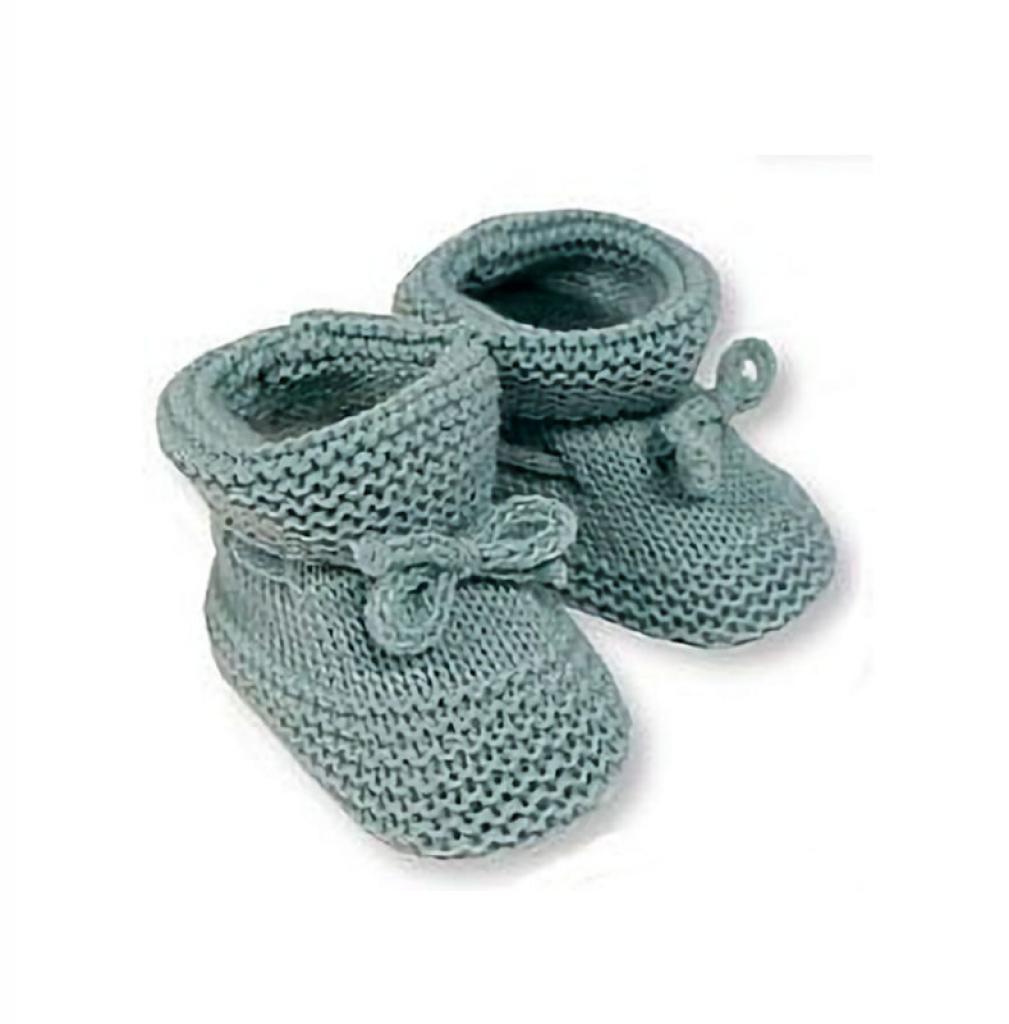 Soft knitted baby booties with a tie bow in a pale green sage colour