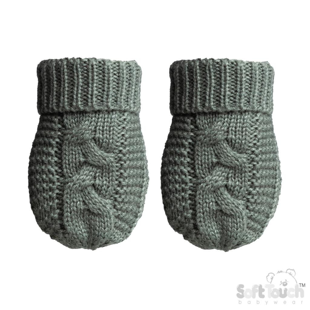 Recycled Cable Knit Mittens - Sage Green Baby Hat and Mitten Set