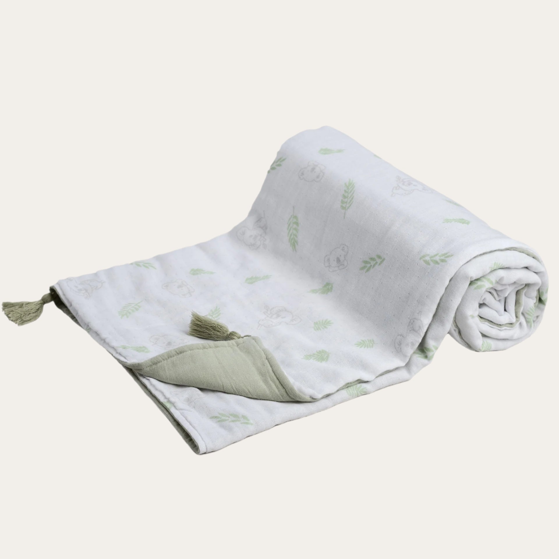 White/Sage Green Koala Printed Muslin Wrap with Tassels 100% Cotton Baby Swaddle.