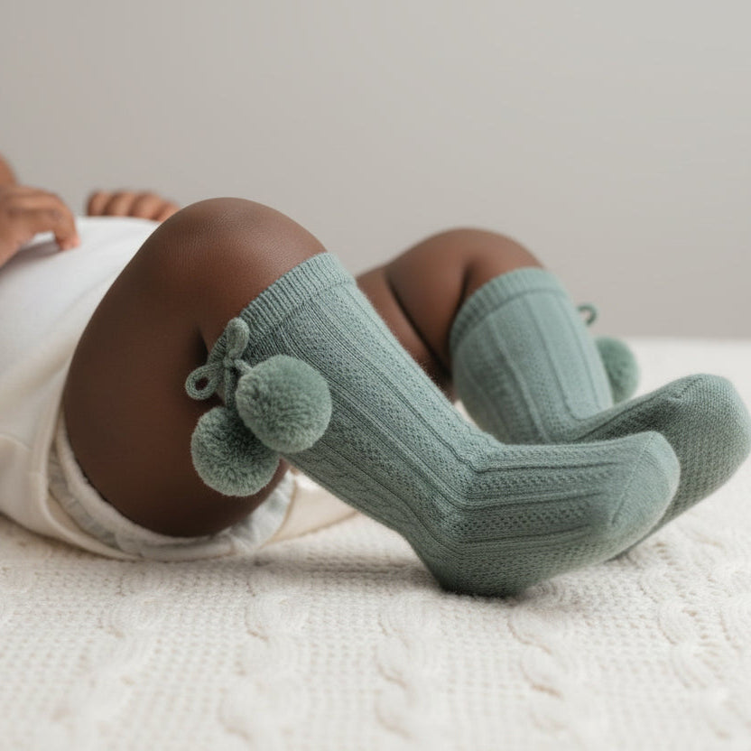 Sage Green Knee-Length Socks with Pom Pom Socks.