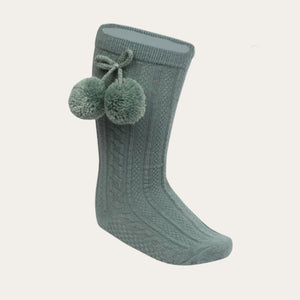 Sage Green Knee-Length Socks with Pom Pom Socks.