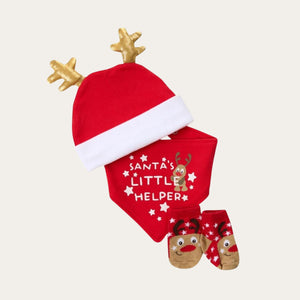 Reindeer hat, bib and sock set 'Santa's Little Helper' Christmas.