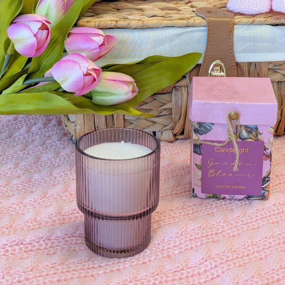 Pink Candle and packaging with pink tulips