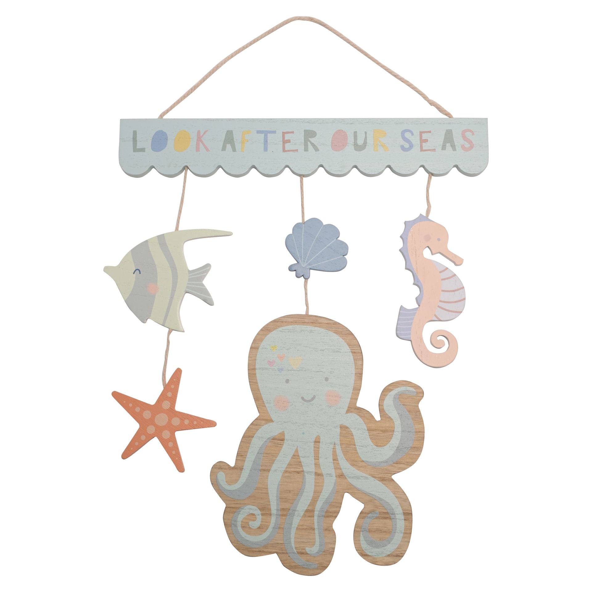 This adorable hanging plaque provides both inspiration and decoration for children’s bedrooms. The blue, rectangular wooden hanger showcases a colourful ‘Look After Our Seas’ title, from which hangs a series of wooden sea creatures, including an octopus and seahorse