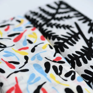 close up of organic Sensory Muslin Set – Featuring the 'Fern & Sycamore' design, crafted from ultra-soft, breathable organic cotton.