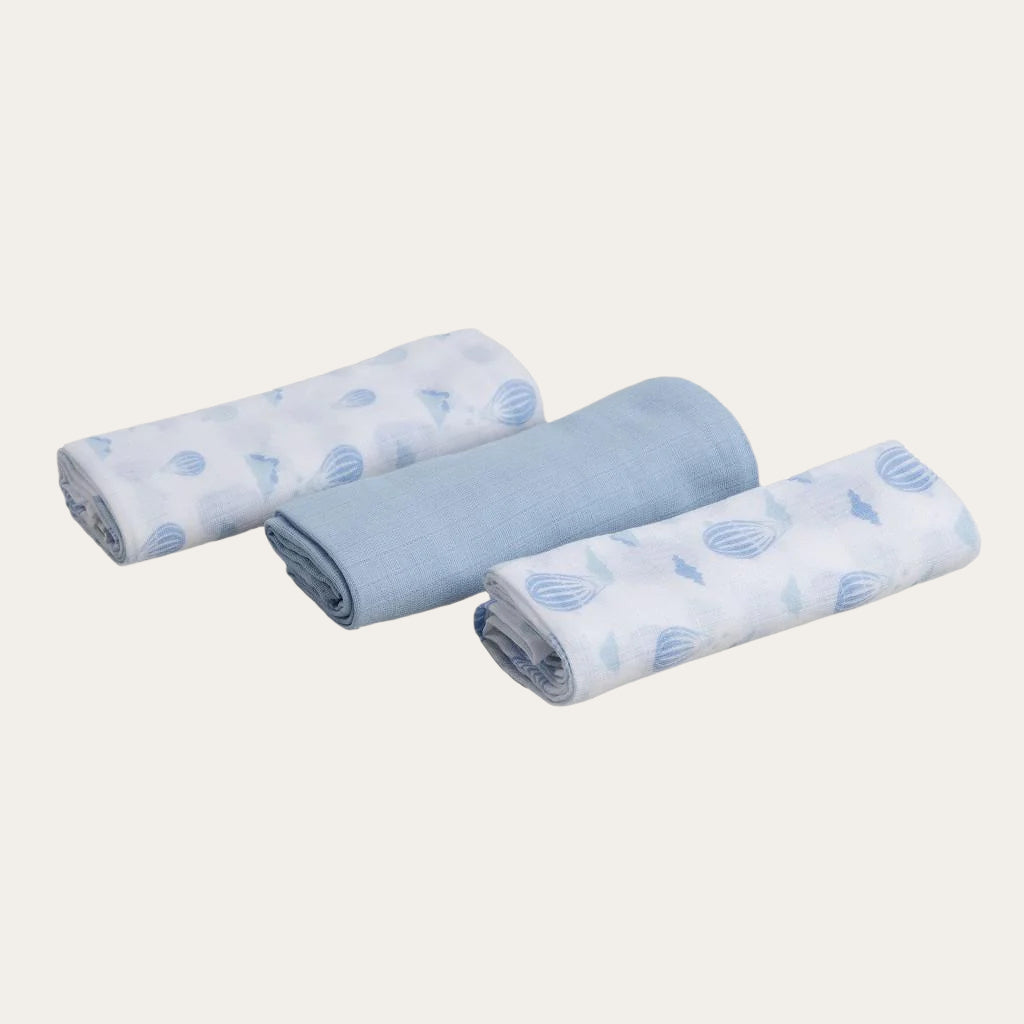 Set of 3 Woven Cotton Muslin Squares Blue | 70x70cm Muslins.
