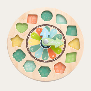 Wooden shape sorting clock educational toy with colorful shapes and a dial