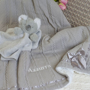 Grey Sherpa Back Knit Baby Blanket with Satin Bow 75x90cm Baby Blanket, shown with personalisation.