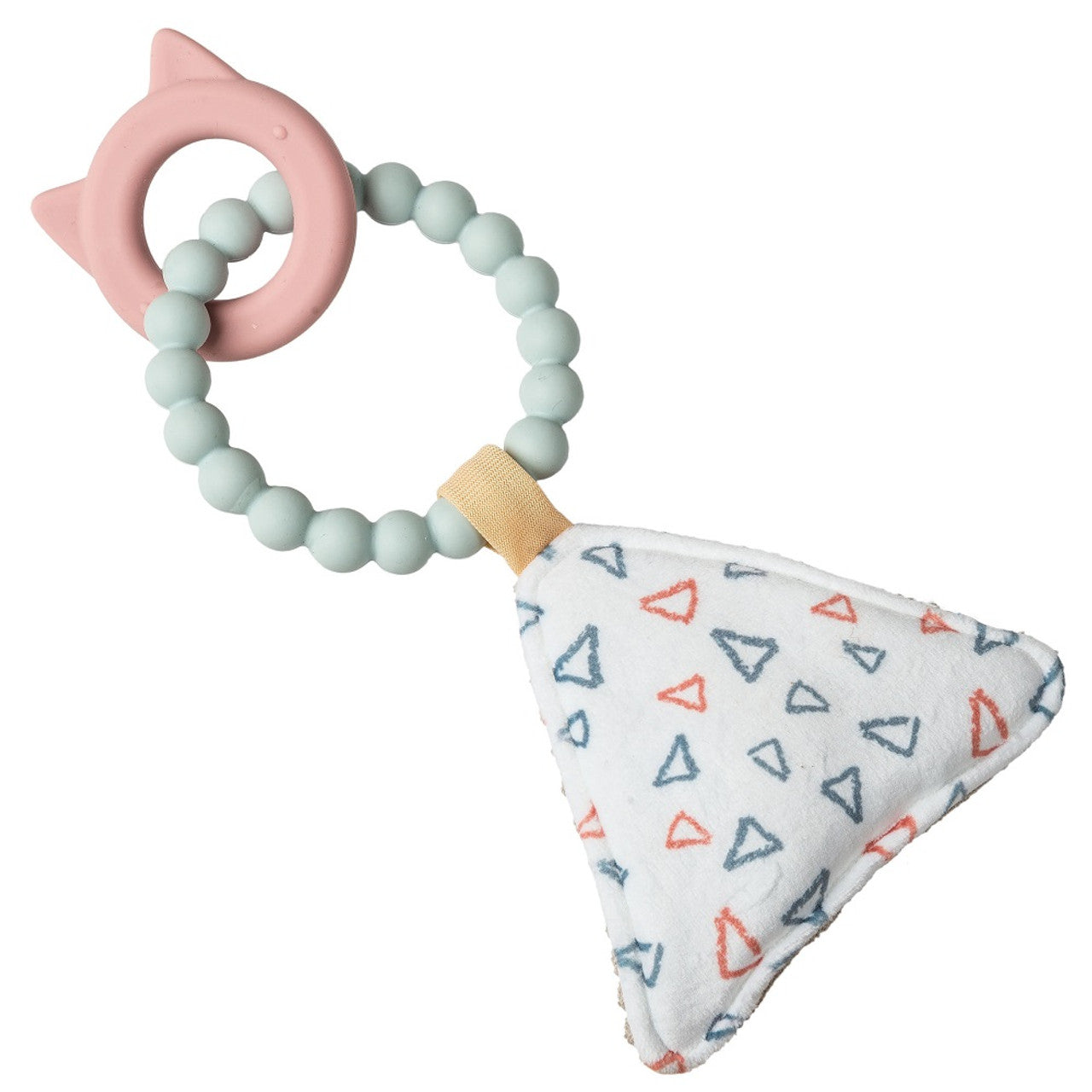 Blue silicone teething ring with a pink silicone cat teether and white fabric triangle squeaker.