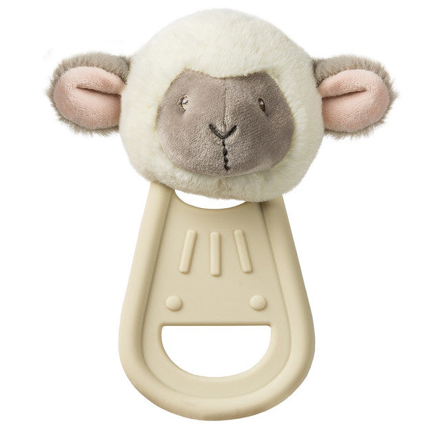 Cream silicone teether with an attached soft toy lamb head.
