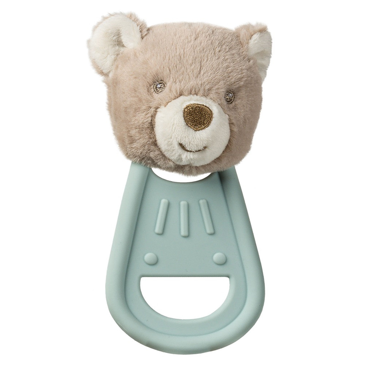 Cream silicone teether with an attached soft toy bear head.