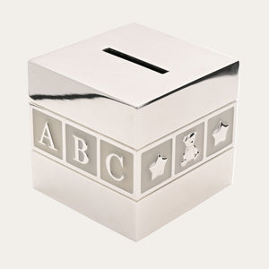 Silver-plated baby money box cube with ABC and 123 design