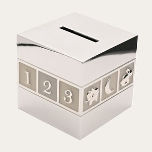 Baby saving cube money box with raised numbers and stars