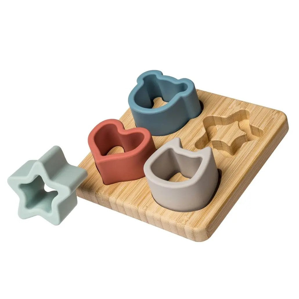 Bamboo cut-out tray sorting toy with matching silicone shapes to fit