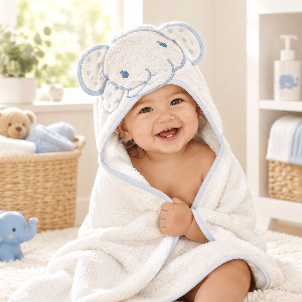 Sky blue 3D elephant hooded baby towel in 100% cotton measuring 75 x 75 cm