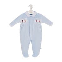 Sky blue footed velour onesie displayed on a hanger, with smocked soldier panels and a spotted collar.