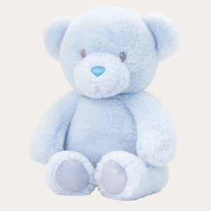 Small sky blue teddy bear soft toy in seated position with plush texture, 20cm size suitable for babies and nursery display