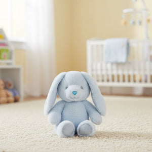 Soft blue cuddly sky bunny plush toy with long ears and embroidered eyes made from recycled materials.