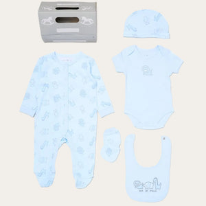 Blue baby sleepsuit with jungle animal print from 5 piece gift set