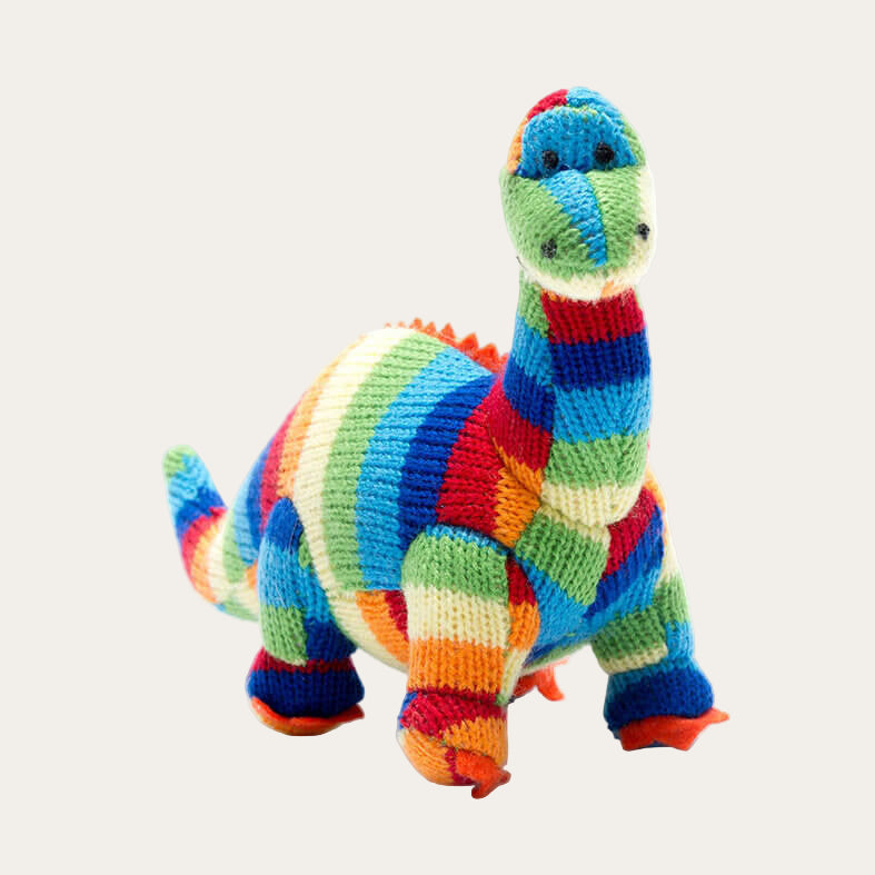 Bold Striped Knitted Diplodocus Dinosaur Cuddly Toys.
