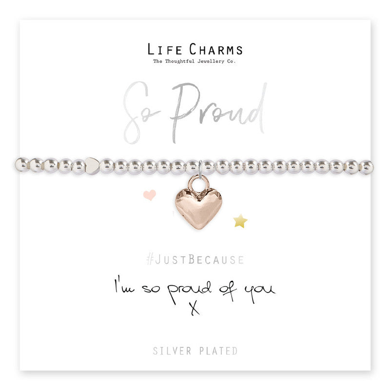 Silver plated beaded bracelet with a rose gold heart charm with the sentiment &#39;I&#39;m so proud of you&#39; on the card